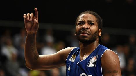 FRANKFURT AM MAIN, GERMANY - MARCH 24:  Quantez Robertson of Frankfurt Skyliners reacts during the Basketball Beko BBL match between Fraport Skyliners and Artland Dragons at Fraport Arena on March 24, 2015 in Frankfurt am Main, Germany.  (Photo by Dennis Grombkowski/Bongarts/Getty Images)