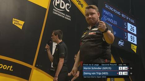 Martin Schindler zieht in die dritte Runder der German Open ein. Der Deutsche schlägt Donny van Trijp mit 6:3 und trifft nun auf Gerwyn Price. 