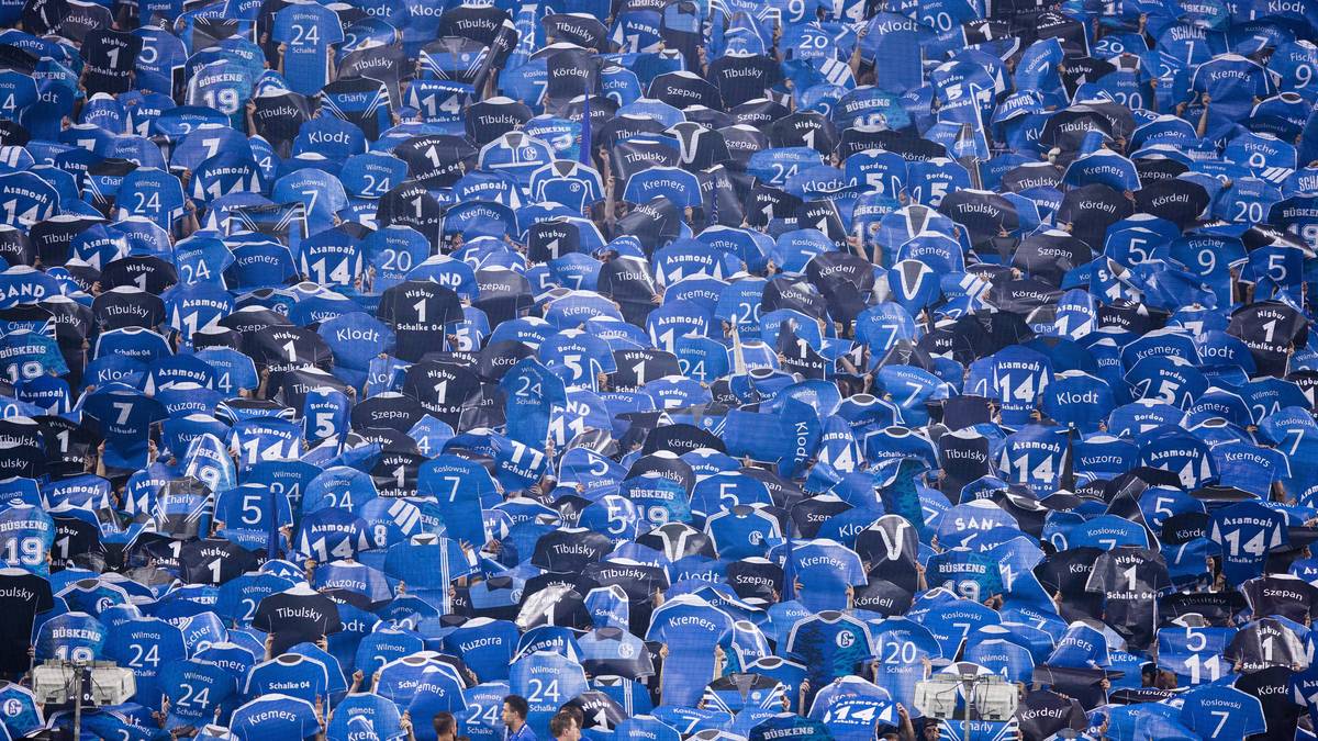 Aber auch dieses Bild gibt es in der Nordkurve zu sehen. Die Schalker Fans halten tausende selbst gebastelte Trikots ihrer Helden hoch
