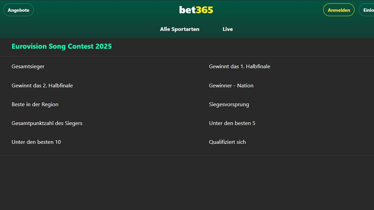  Kaum ein Wettanbieter hat so eine breite ESC Wetten Auswahl wie Bet365. (Wetten sind in Deutschland aus regulatorischen Gründen nicht möglich | 18+ | AGB gelten)