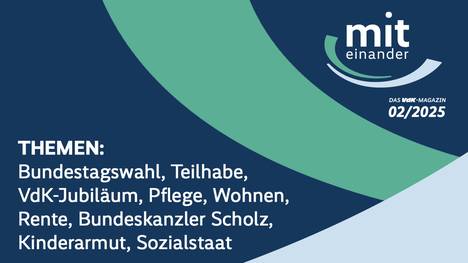 Das Sozialmagazin miteinander ist eine der beständigsten Sendereihen im Deutschen Fernsehen. Seit 26 Jahren informiert miteinander Monat für Monat über sozialpolitische Themen, rechtliche Fragen, zeigt Neues aus den Bereichen Gesundheit und Rente, ist generationsübergreifend und wendet sich an Menschen mit und ohne Behinderung gleichermaßen. Themen: 1. Der Sozialverband VdK Deutschland ist 75 Jahre alt - Kurzbericht 2. VdK-Stichpunkte zur Bundestagswahl Teil 2: Fragen und Antworten verschiedener Spitzenpolitiker (Scholz, Laumann, Banaszak, Paus, Stark-Watzinger).