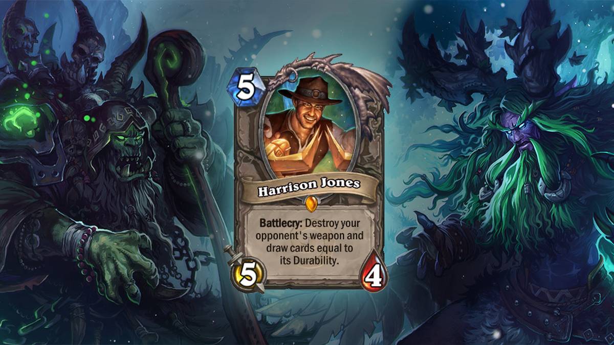 Harrison Jones (Harrison Jones) - Kampfschrei: Zerstört die Waffe Eures Gegners. Zieht ihrer Haltbarkeit entsprechend Karten. Diese Karte wird einmal im Deck gespielt