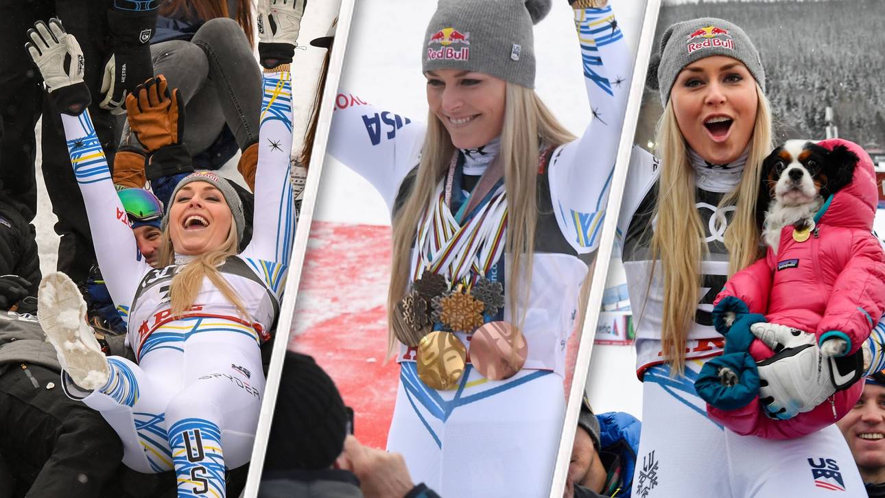 Lindsey Vonn ließ sich in Are mit WM-Medaillensammlung und Hund Lucy feiern