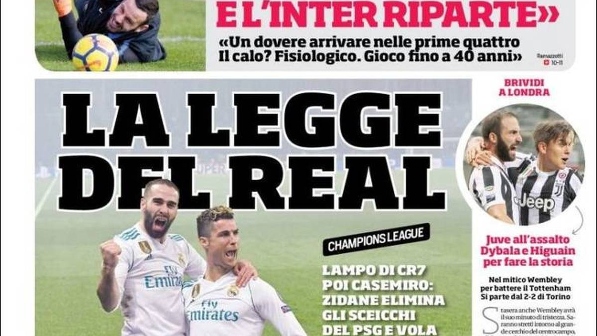 CORRIERE DELLO SPORT: "Das Gesetz von Real. Zidane eliminiert die Scheichs und fliegt ins Viertelfinale. PSG? Eine Milliarde Euro und ein einziger Flop in der Champions League"