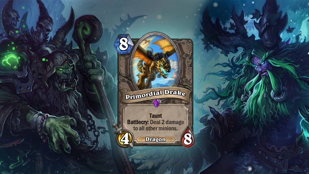 Primordial Drake (Urzeitlicher Drache) - Spott. Kampfschrei: Fügt allen anderen Dienern 2 Schaden zu. Diese Karte wird zweimal im Deck gespielt