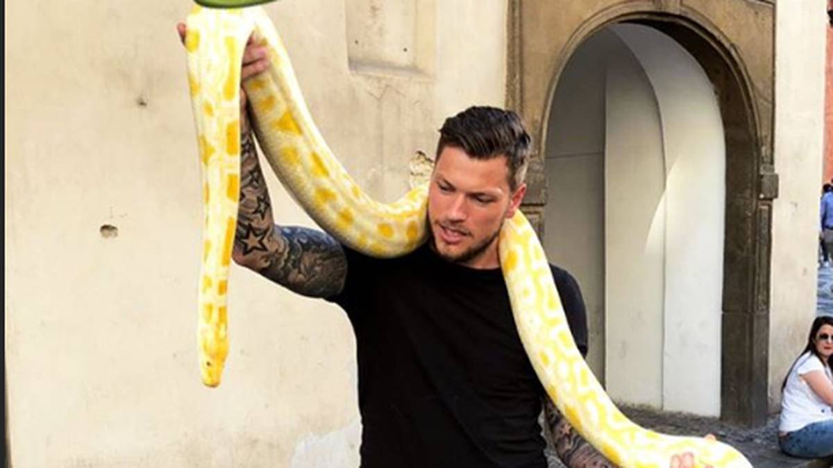 Seine Qualitäten als Schlangenbändiger stellt Wolfsburgs Daniel Ginczek bei einem Besuch in Prag unter Beweis
