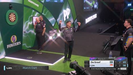 Paul Lim siegt zum Auftakt der Darts-WM 2026 gegen Jeffrey de Graaf. Der älteste WM-Teilnehmer aller Zeiten wird im Ally Pally frenetisch gefeiert.