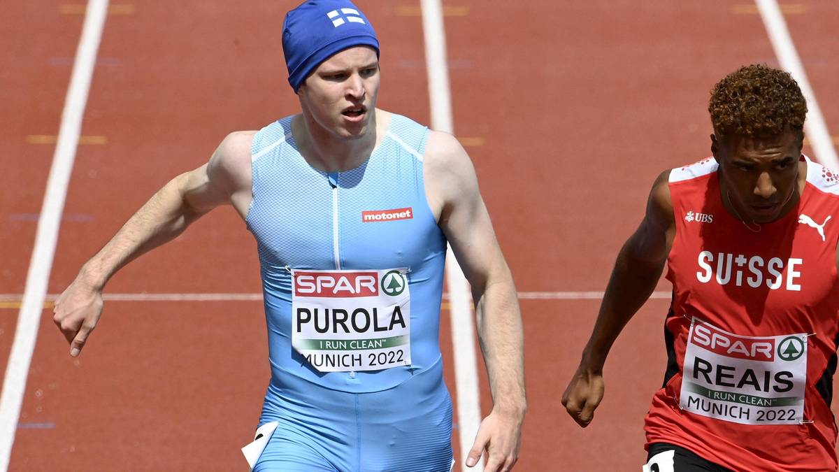 Der 200m-Sprinter Samuel Purola (l.) läuft mit Wollmütze
