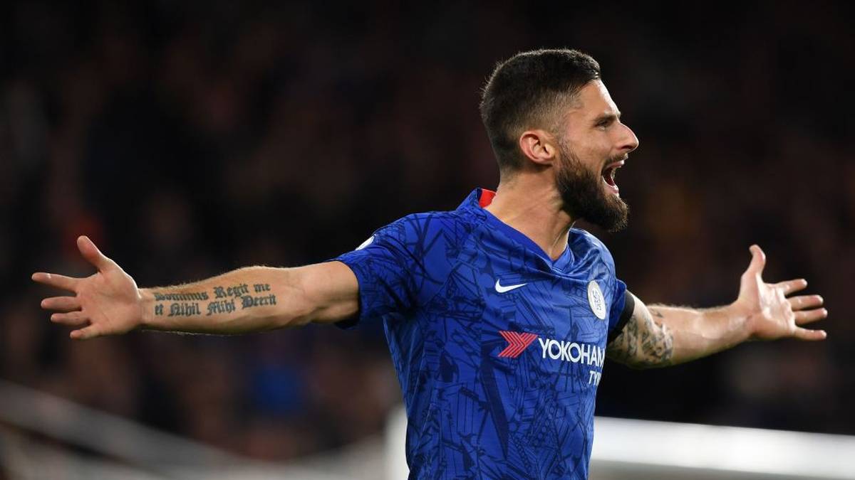Chelsea's French striker Olivier Giroud gestures during the English Premier League football match between Chelsea and West Ham United at Stamford Bridge in London on November 30, 2019. (Photo by Ben STANSALL / AFP) / RESTRICTED TO EDITORIAL USE. No use with unauthorized audio, video, data, fixture lists, club/league logos or 'live' services. Online in-match use limited to 120 images. An additional 40 images may be used in extra time. No video emulation. Social media in-match use limited to 120 images. An additional 40 images may be used in extra time. No use in betting publications, games or single club/league/player publications. /  (Photo by BEN STANSALL/AFP via Getty Images)