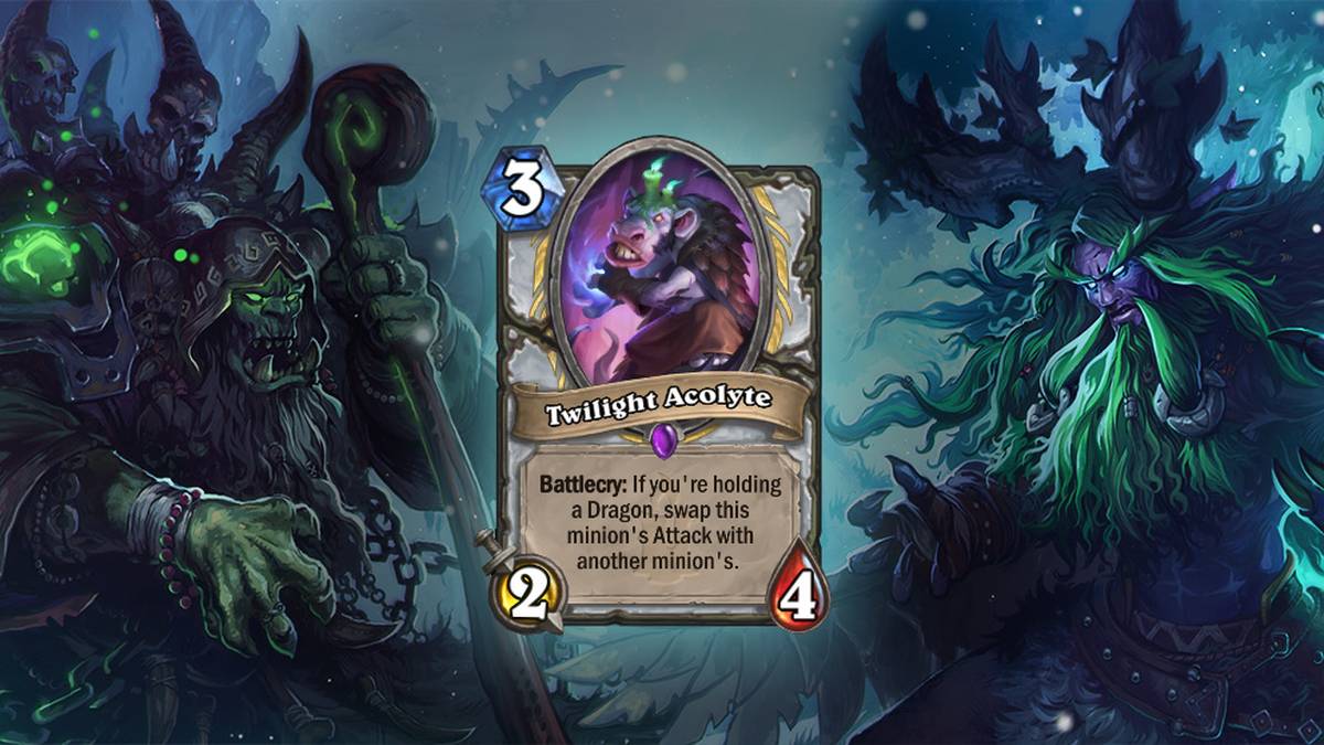 Twilight Acolyte (Zwielichtakolyth) - Kampfschrei: Vertauscht den Angriff dieses Dieners mit dem eines anderen Dieners, wenn Ihr einen Drachen auf der Hand habt. Diese Karte wird zweimal im Deck gespielt