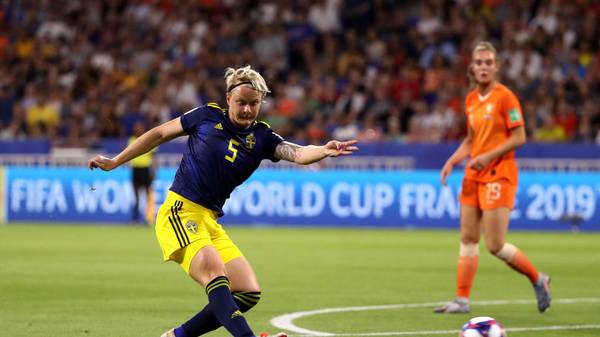 LYON, FRANCE - JULY 03: Nilla Fischer of Sweden shoots during the 2019 FIFA Women's World Cup France Semi Final match between Netherlands and Sweden at Stade de Lyon on July 03, 2019 in Lyon, France. (Photo by Robert Cianflone/Getty Images)