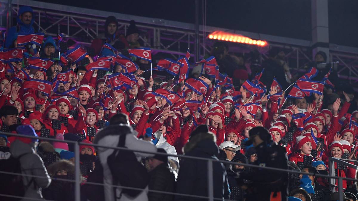 Ein großer Pulk nordkoreanischer Fans zeigt begeistert Flagge