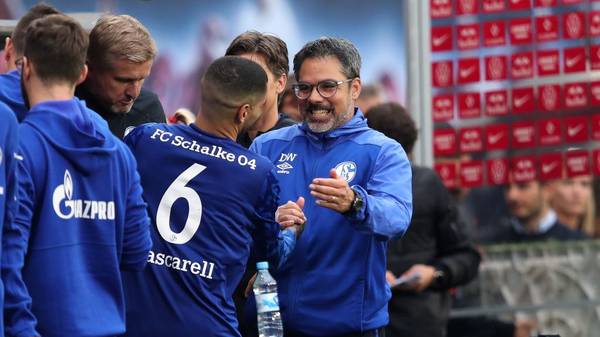 Schalke's German headcoach David Wagner (R) and Schalke's Spanish midfielder Omar Mascarell (C) celebrate after the German First division Bundesliga football match between RB Leipzig and Schalke 04 in Leipzig, on September 28, 2019. (Photo by Ronny Hartmann / AFP) / DFL REGULATIONS PROHIBIT ANY USE OF PHOTOGRAPHS AS IMAGE SEQUENCES AND/OR QUASI-VIDEO        (Photo credit should read RONNY HARTMANN/AFP/Getty Images)