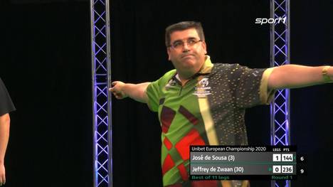 Erster Tag bei den European Darts Championships und bereits der erste Hammer. Der Portugiese Jose de Sousa wirft gegen den Niederländer Jeffrey de Zwaan einen 9-Darter.