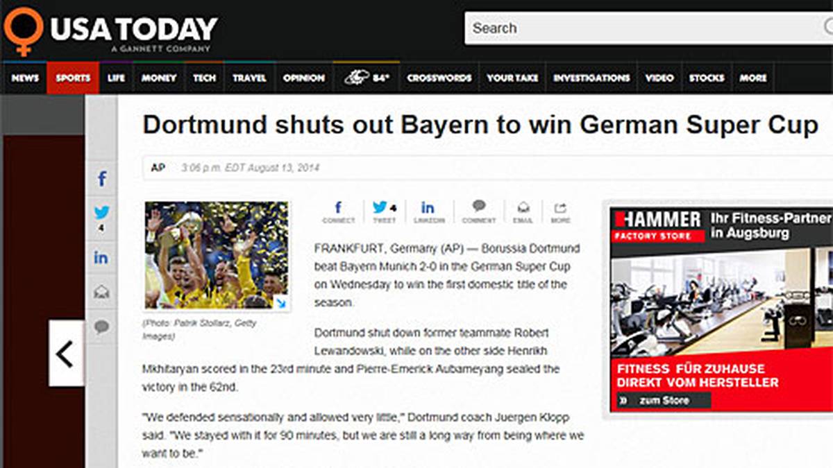 USA Today: "Dortmund legt Bayern lahm und gewinnt den Supercup"
                  