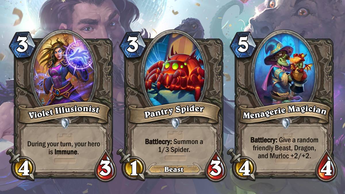 Noch ist offen ob Violet Illusionist Fatigue-Damage absorbiert. Pantry Spider kann für Zoo-Decks, aber auch für Druiden und Hunter interessant werden. Gleiches gilt für Menagerie Magician.