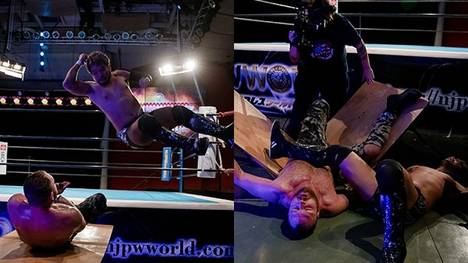 KENTA (links springend) und Jon Moxley lieferten bei NJPW Strong viel Action