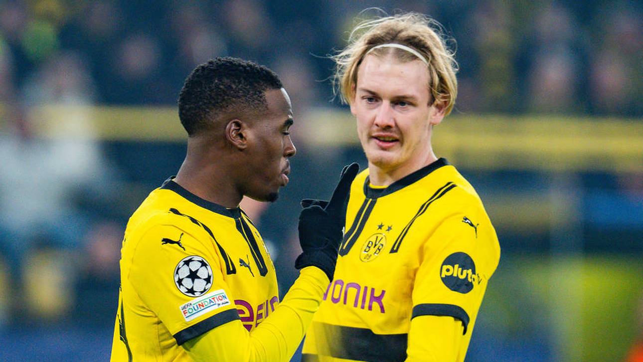 Jamie Gittens (l.) und Julian Brandt waren beim BVB zuletzt nur Ersatz