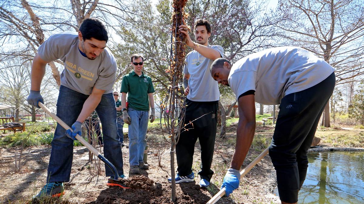 Den Oklahoma City Thunder ist es im Gewächshaus zu warm. Steven Adams (l.) und Enes Kanter pflanzen lieber Bäume. Für jeden getroffenen Dreier während der Green Week werden drei Bäume gepflanzt