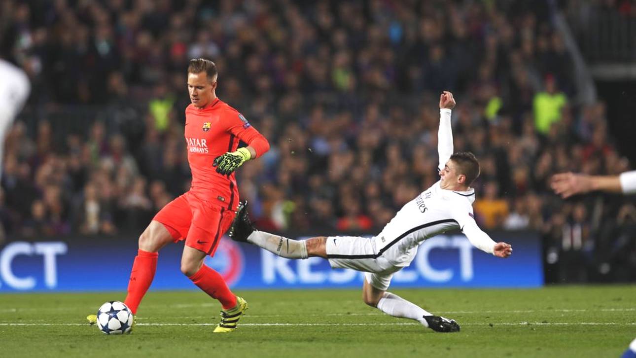 Marc-Andre ter Stegen (links) wurde von Marco Verratti rüde gefoult