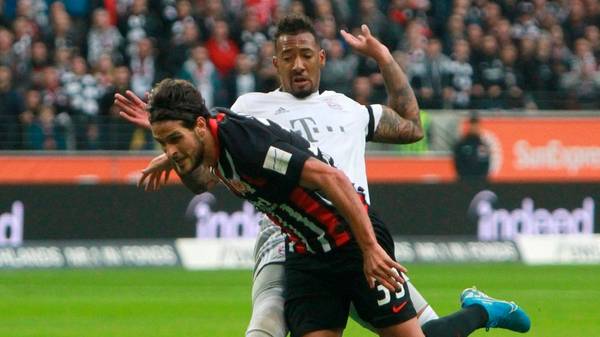 Frankfurt's Portuguese forward Goncalo Paciencia (foreground) and Bayern Munich's German defender Jerome Boateng vie for the ball during the German first division Bundesliga football match between Eintracht Frankfurt and FC Bayern Munich on November 2, 2019 in Frankfurt am Main, western Germany. (Photo by Daniel ROLAND / AFP) / DFL REGULATIONS PROHIBIT ANY USE OF PHOTOGRAPHS AS IMAGE SEQUENCES AND/OR QUASI-VIDEO (Photo by DANIEL ROLAND/AFP via Getty Images)
