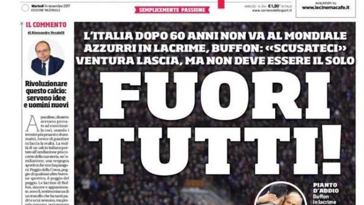 "Corriere dello Sport" (Italien): "Apokalypse, Tragödie, Katastrophe: Es ist vorbei. Unser Fußball ist in einer tiefen Krise. Italien muss jetzt der Wahrheit in die Augen schauen. Die Wahrheit eines italienischen Fußballs, der die größte Demütigung seiner Geschichte erlebt hat, eine unerträgliche Schande, ein unauslöschlicher Fleck. Buffons ehrliche und leidenschaftliche Tränen bezeugen einen Zusammenbruch, den viele zu verantworten haben. Niemand darf sich vor der Verantwortung mehr drücken."