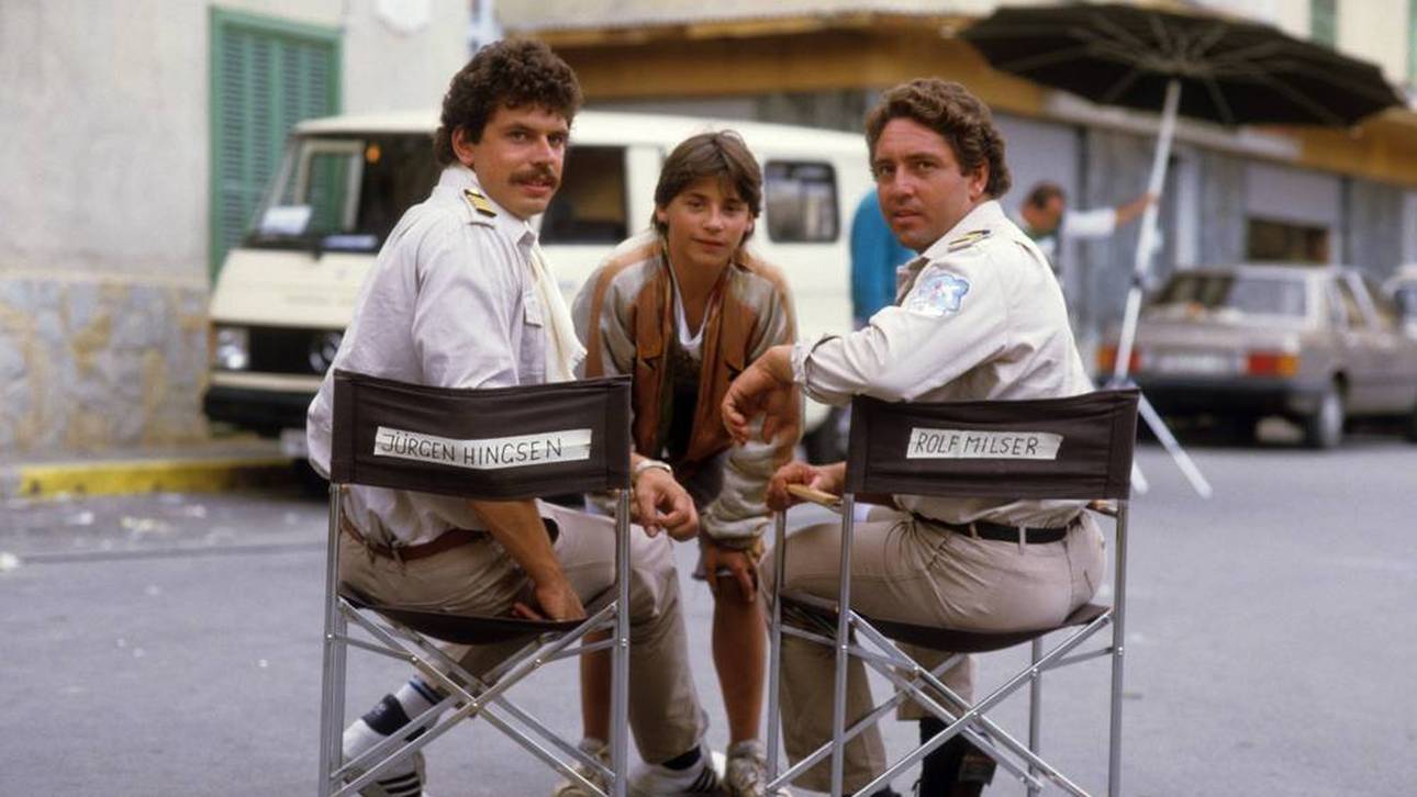 Jürgen Hingsen, Patrick Bach und Rolf Milser (v.l.) am Filmset