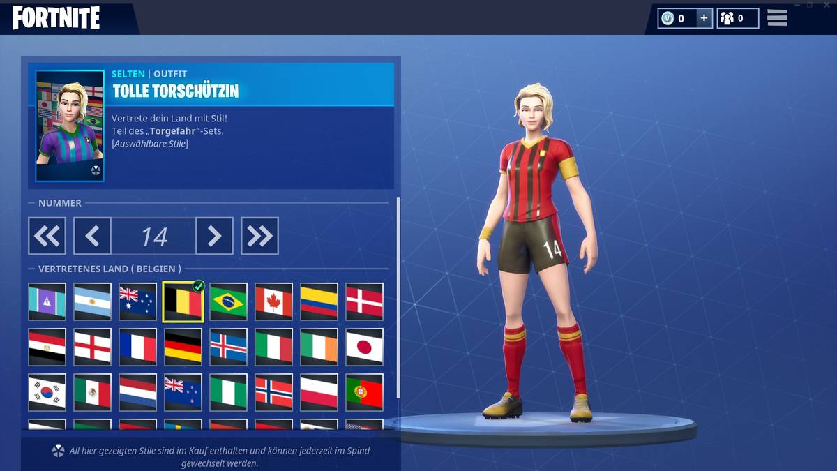 Die "tolle Torschützin" ist blond und kann neben dem Belgien-Dress auch jedes andere der Fortnite-Nationaltrikots tragen