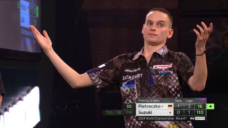 Bei seinem Debüt im Ally Pally gibt sich Ricardo Pietreczko keine Blöße und zieht spektakulär mit 3:0 gegen Mikuru Suzuki in die zweite Runde ein