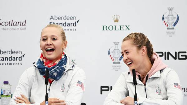 AUCHTERARDER, SCOTLAND - SEPTEMBER 12: Jessica Korda (L) and Nelly Korda (R) both of Team USA talk in a press conference during Preview Day 4 of The Solheim Cup at Gleneagles on September 12, 2019 in Auchterarder, Scotland. (Photo by Jamie Squire/Getty Images)