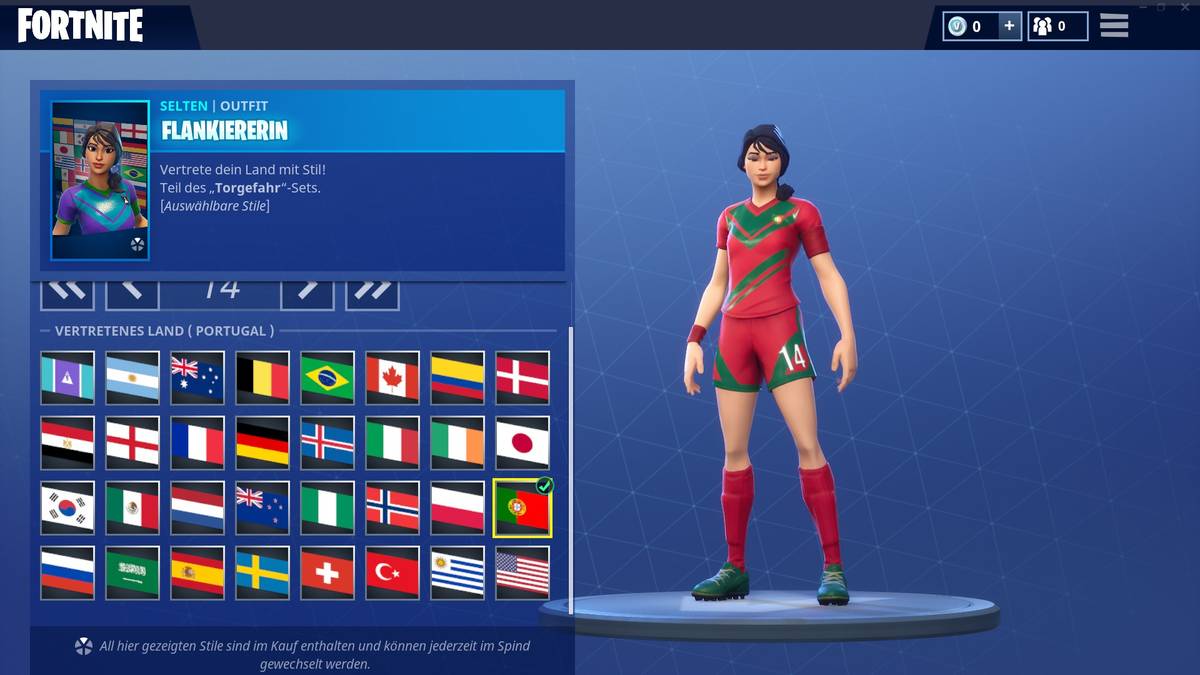 Epic Games hat aber ebenso an die weiblichen Charaktere zur Fußball-WM gedacht. Den Anfang macht die "Flankiererin". Ihr schwarzes Haar ist hier im Portugal-Trikot zum Zopf gebunden