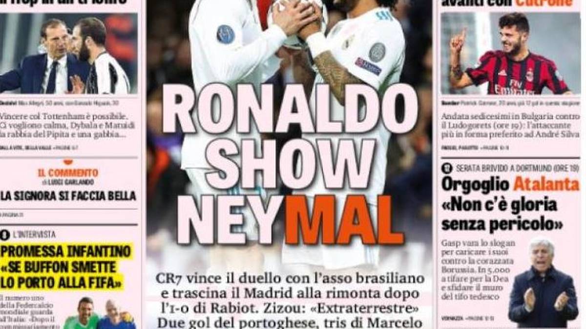 GAZZETTA DELLO SPORT (ITALIEN): "Ronaldo und Marcelo drehen das Spiel. Real Madrid weiß wirklich nicht, was Romantik ist. Paris Saint-Germain hat zehnmal nie am Valentinstag verloren. Beim elften Mal bricht Real die Herzen der Franzosen: 3:1 im Champions-League-Achtelfinal-Hinspiel. Ronaldo zwei, Neymar null. Wenn es hart auf hart kommt, herrscht immer noch CR7, Mister 101 Tore in der Champions League für Real"