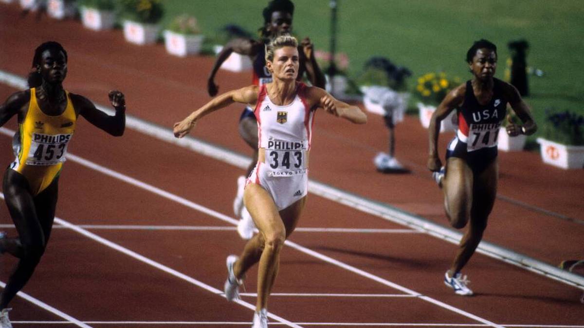 Katrin Krabbe gewinnt über 100m bei der WM in Tokio 1991 Gold