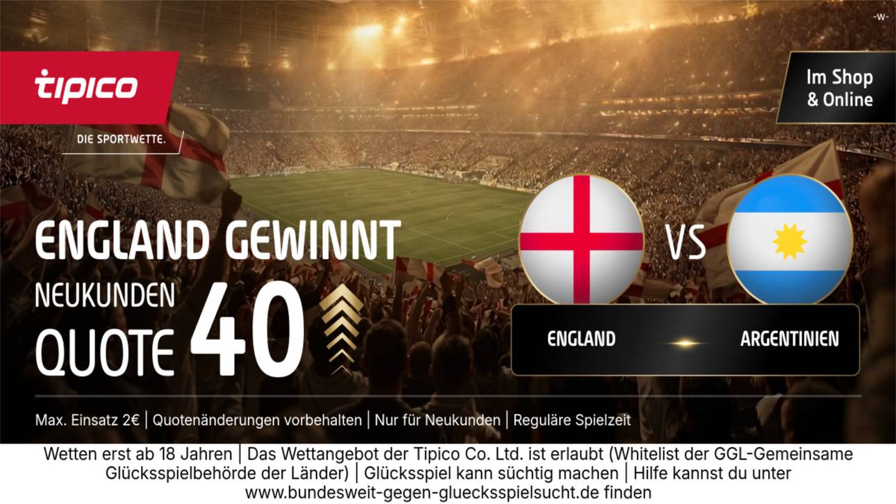 WM-Kracher England vs. Argentinien: Tipico zündet den Quoten-Turbo mit 40,00!