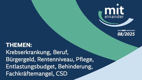 Das Sozialmagazin miteinander ist eine der beständigsten Sendereihen im Deutschen Fernsehen. Seit 27 Jahren informiert miteinander Monat für Monat über sozialpolitische Themen, rechtliche Fragen, zeigt Neues aus den Bereichen Gesundheit und Rente, ist generationsübergreifend und wendet sich an Menschen mit und ohne Behinderung gleichermaßen. Themen: 1. Krebserkrankung und Beruf 2. Interview Bentele: 100 Tage Regierung Merz 3. Gladiator am Rollator 4. Das Märchen vom maroden Sozialstaat 5. Nachrichten 6. Klipp und Klar