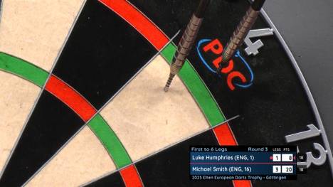 Luke Humphries spielte in der dritten Runde der European Darts Trophy gegen Michael Smith und scheiterte im fünften Leg an den Doppeln. Sage und schreibe zehn Darts verpasste der Ex-Weltmeister.