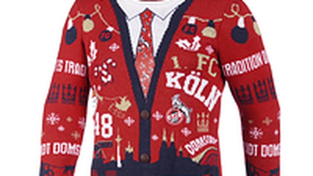 Den eleganten Ugly Sweater gibt´s beim 1. FC Köln. Wer keine Lust auf einen lästigen Anzug mit Krawatte hat, sieht im Köln-Pulli trotzdem schick aus