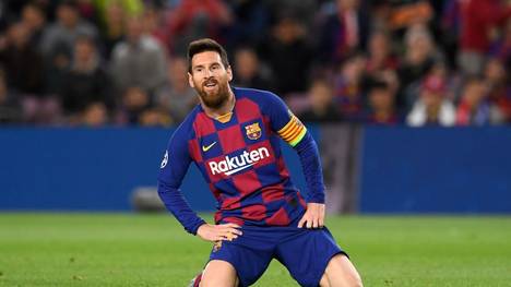 Barcelona's Argentine forward Lionel Messi reacts on the ground during the UEFA Champions League group F football match between FC Barcelona and SK Slavia Prague at the Camp Nou stadium in Barcelona on November 5, 2019. (Photo by Josep LAGO / AFP) (Photo by JOSEP LAGO/AFP via Getty Images)