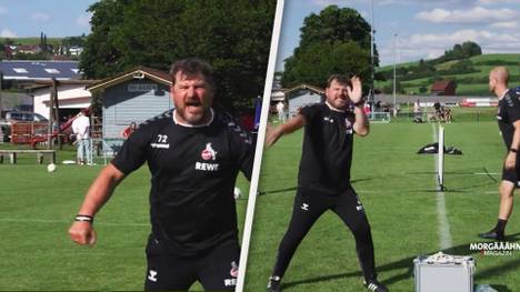 Steffen Baumgart macht mal wieder Steffen-Baumgart-Sachen: Beim Fußball-Tennis ist Kölns Trainer mit vollem Herzen dabei - und lässt seinen Emotionen freien lauf.