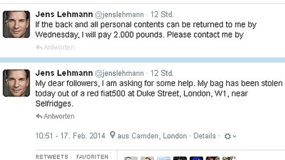 Lehmann wendet sich daraufhin via Twitter an die Öffentlichkeit: Für den Fall, dass seine Tasche samt Inhalt wieder auftaucht, bietet der frühere Arsenal-Keeper 2000 Pfund (ca. 2500 Euro) Belohnung