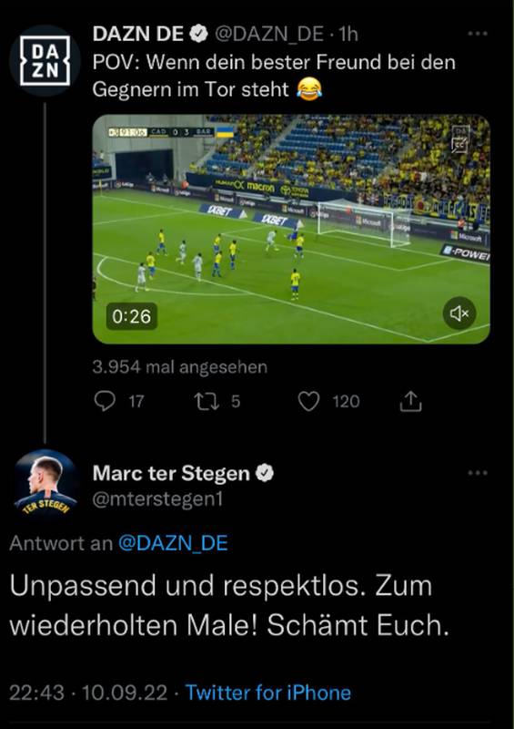 Fc Barcelona Ter Stegen Wutend Nach Dazn Tweet Schamt Euch