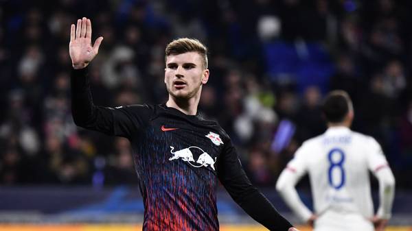 RB Leipzig's German forward Timo Werner celebrates after scoring a goal during the UEFA Champions League group G football match between Olympique Lyonnais (OL) and RB Leipzig, on December 10, 2019 at the Parc Olympique Lyonnais stadium in Decines-Charpieu near Lyon. (Photo by JEFF PACHOUD / AFP) (Photo by JEFF PACHOUD/AFP via Getty Images)