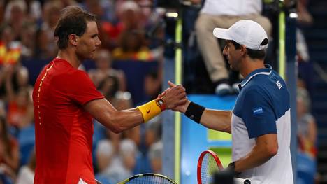 PERTH, AUSTRALIA - JANUARY 06: Rafael Nadal of Team Spain shakes hands with Pablo Cuevas of Team Uruguay during day four of the 2020 ATP Cup Group Stage at RAC Arena on January 06, 2020 in Perth, Australia. (Photo by Paul Kane/Getty Images)