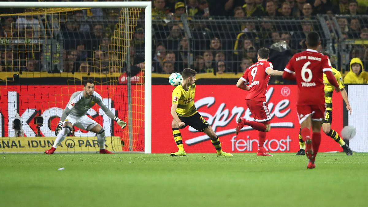 Lewandowski trifft den Ball mit der Hacke, der Ball wird von Weigl abgefälscht...