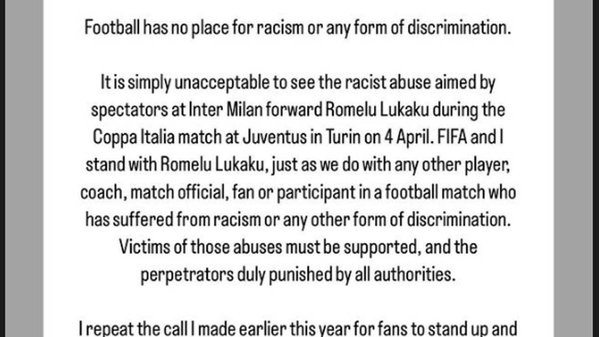 FIFA-Präsident Gianni Infantino verurteilt die rassistischen Anfeindungen gegen Romelu Lukaku aufs Schärfste