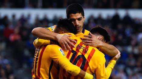 Luis Suarez, Neymar und Lionel Messi jubeln