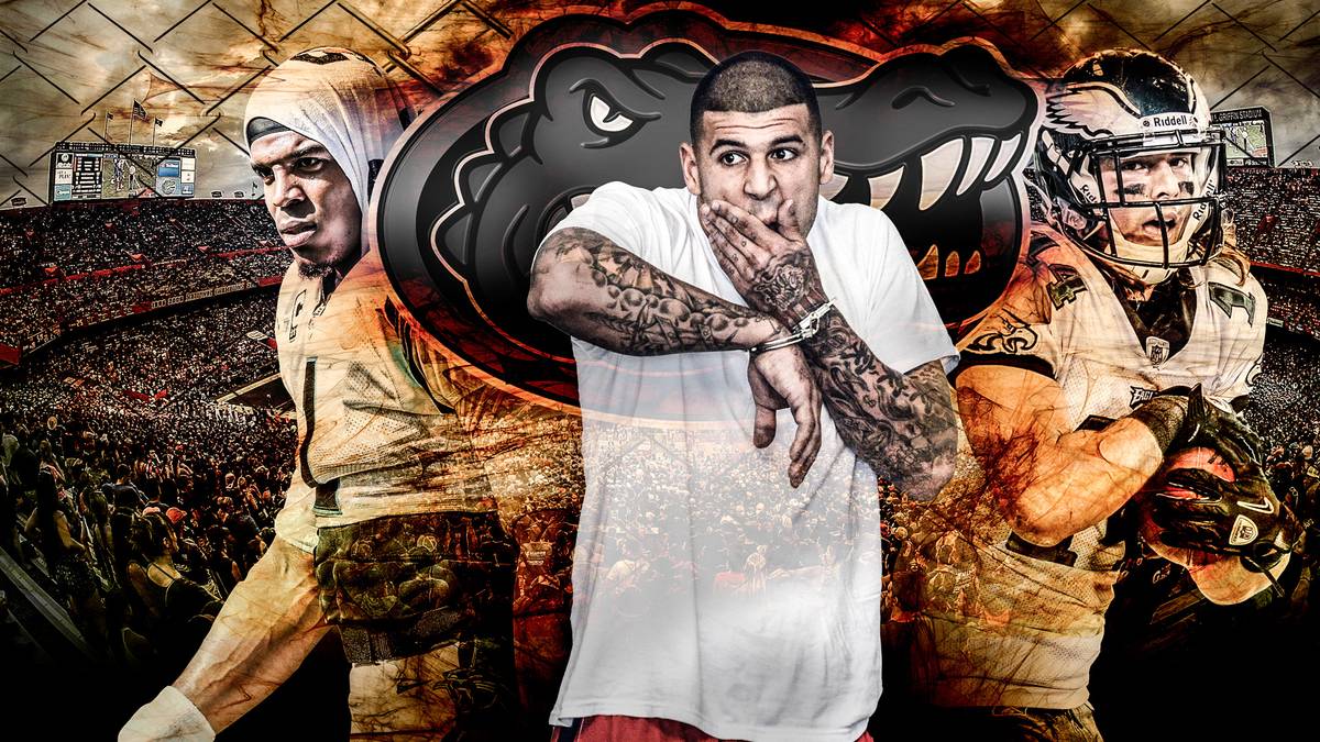 Aaron Hernandez (M.) steht vor seiner zweiten Verurteilung wegen Mordes. Der ehemalige NFL-Star der New England Patriots sitzt bereits lebenslänglich im Gefängnis. Bereits am College für die Florida Gators hat er Ärger mit dem Gesetz