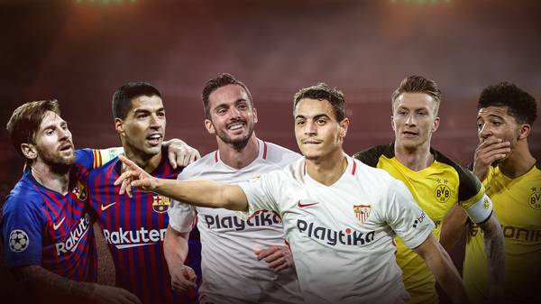 Barcas Lionel Messi und Luis Suárez, Sevillas Pablo Sarabia und Wissam Ben Yedder, Marco Reus und Jadon Sancho vom BVB (v.l.) gehören zu Europas Top-Duos