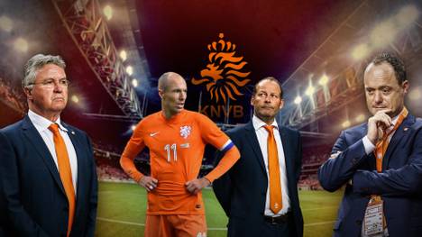 Arjen Robben und die Gesichter der Krise: Der zurückgetretene Coach Guus Hiddink (l.), Nachfolger Danny Blind (2.v.r.) und Verbandsboss Bert van Oostveen
