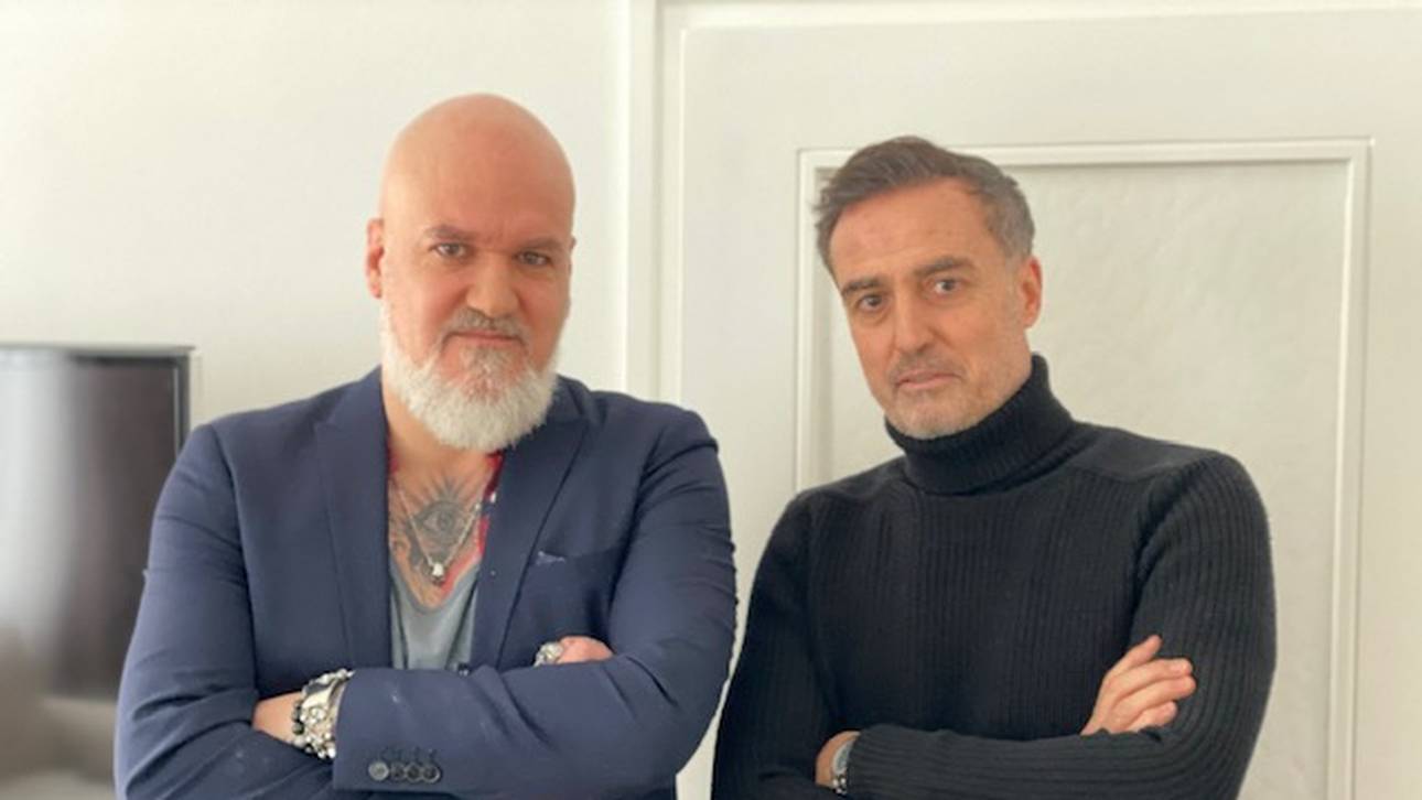 SPORT1-Reporter Reinhard Franke (l.) traf sich mit Türkgücü-Boss Hasan Kivran zum Interview